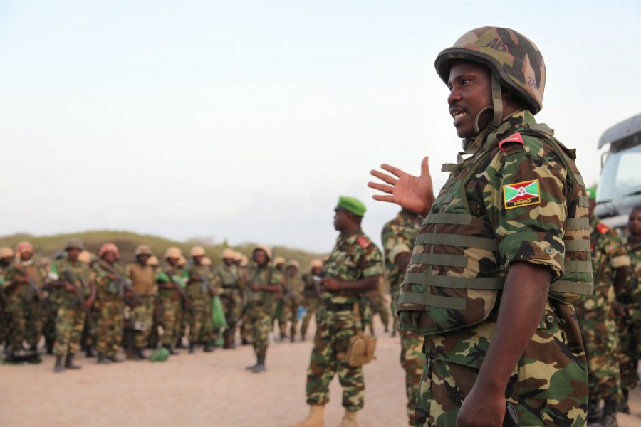 Soldiers belonging to the Burundian contingent of the African Union Mission in Somalia prepare to march on the Al Shabab held town of Ragaele in the Hiraan region of Somalia on September 30. AMISOM (15230279329)