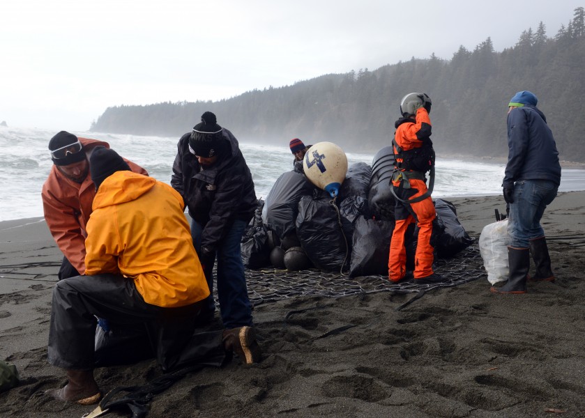 The Coast Guard helps remove trash from a beach near Neah Bay, Wash. 160122-G-KL864-608