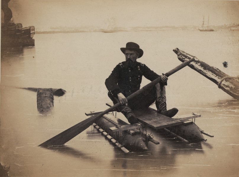 Union troops officer on raft