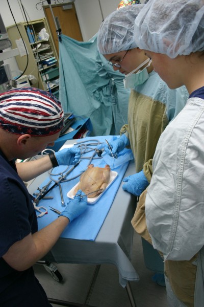 US Navy 040331-N-5821W-001 Hospital Corpsman 2nd Class Damon Denton shows eighth-grade students from Naval Air Station Sigonella's Stephen Decatur School how to perform a suture using a chicken