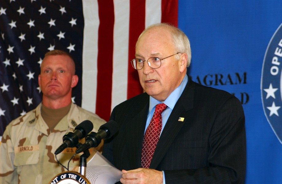 US Navy 041207-N-5608F-007 U.S. Vice President Dick Cheney took time to talk with over 200 service members in Bagram, Afghanistan at the base dinning facility before departing to Kabul, Afghanistan