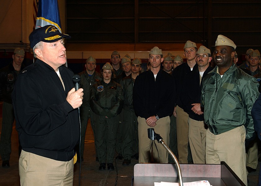 US Navy 050301-N-1550W-003 Director, Naval Forces Europe, Plans and Operations-Commander, Submarine Group Eight, Rear Adm. Carl V. Mauney, speaks with Sailors
