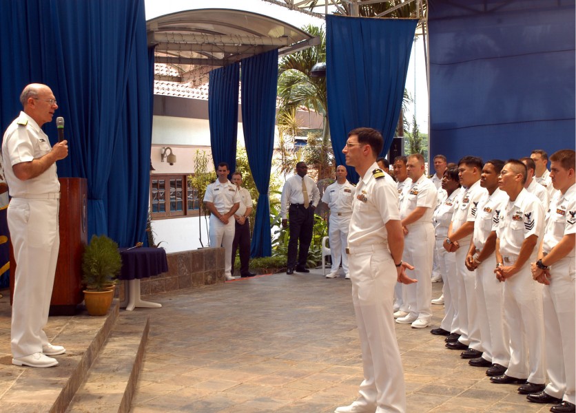 US Navy 050429-N-4205W-004 Chief of Naval Operations Adm. Vern Clark speaks to Sailors stationed in Singapore