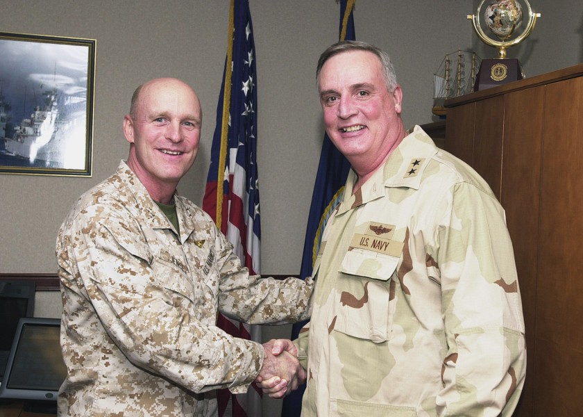 US Navy 070211-N-4205W-001 U.S. Navy Rear Adm. Garry E. Hall, right, relieved Marine Brig. Gen. Carl Jensen as Commander, Combined Task Force (CTF) 59 during a change of command ceremony