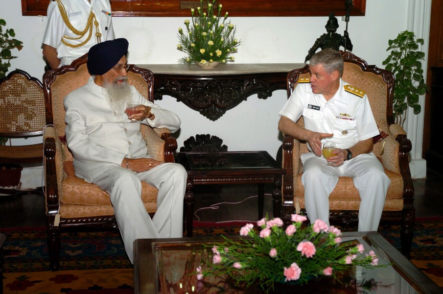US Navy 070703-N-4420S-142 Commander, Carrier Strike Group Eleven, Rear Adm. Terry Blake, meets with the Governor of Chennai, India, Surjit Singh Barnala, at the governor's estate