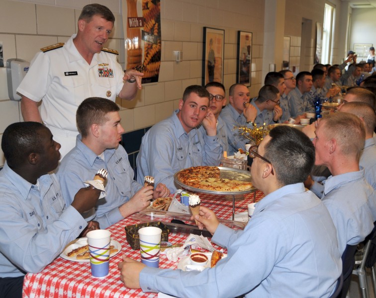 US Navy 090515-N-8848T-300 Rear Adm. Robert D. Reilly, Jr., commander of Military Sealift Command, speaks with recruits during a Pizza Night at Recruit Training Command