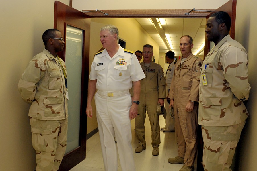 US Navy 100330-N-8273J-074 Chief of Naval Operations (CNO) Adm. Gary Roughead meets with Sailors assigned to the Combined Air Operations Center at Al Udied Airbase, Qatar