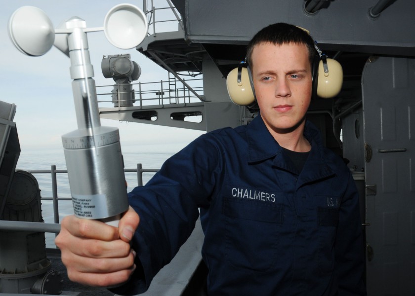 US Navy 101203-N-6863R-039 Aerographer's Mate Airman Joshua Chalmers measures wind speed with a hand-held anemometer aboard the aircraft carrier US