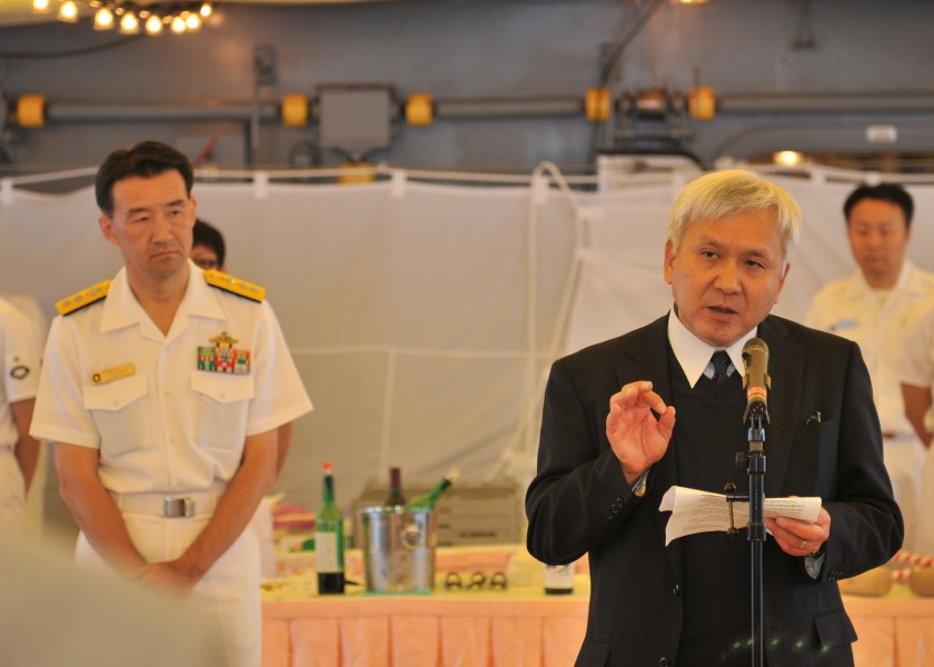 US Navy 110616-N-JY929-110 Kiyokazu Ota, Consulate-General of Japan in Seattle, speaks about American and Japanese relations aboard the Japan Marit