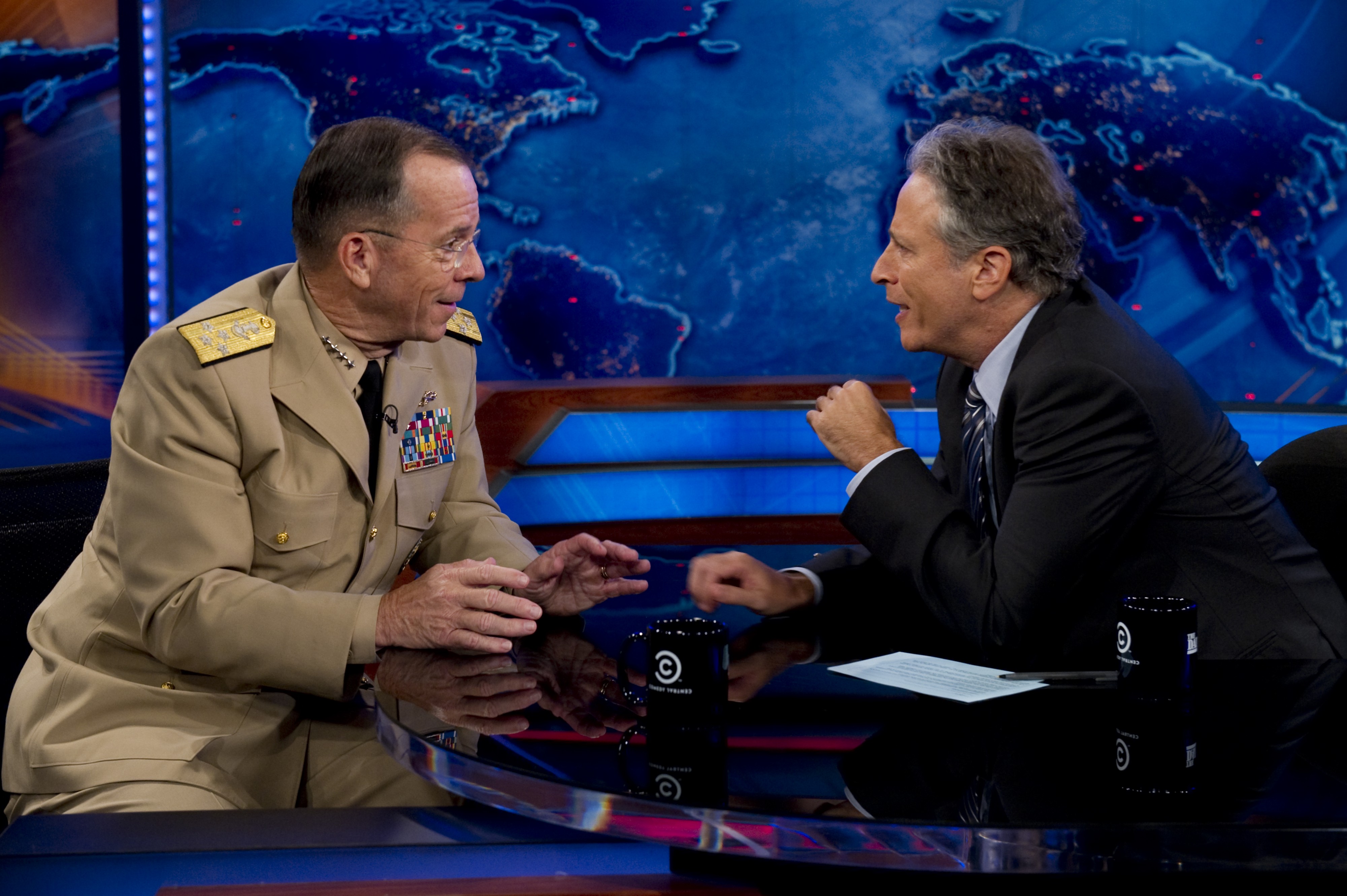 U.S. Navy Adm. Mike Mullen, chairman of the Joint Chiefs of Staff is interviewed by The Daily Show's Jon Stewart, Sept. 12, 2011