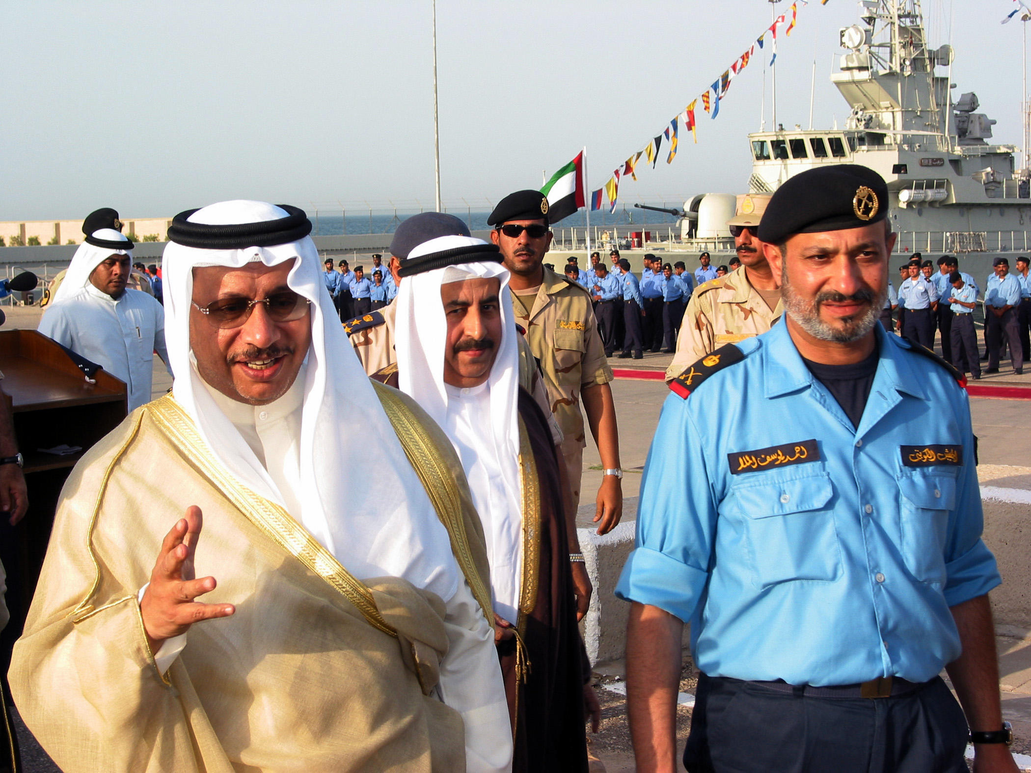 US Navy 030507-N-1050K-031 From left, Kuwait^rsquo,s Defense Minister Sheikh Jaber al-Mubarak al-Sabah completes a troop review and inspection with Commander, Kuwait Naval Forces, Maj. Gen. Ahmed Y. al-Mulla during the Sheikh^r