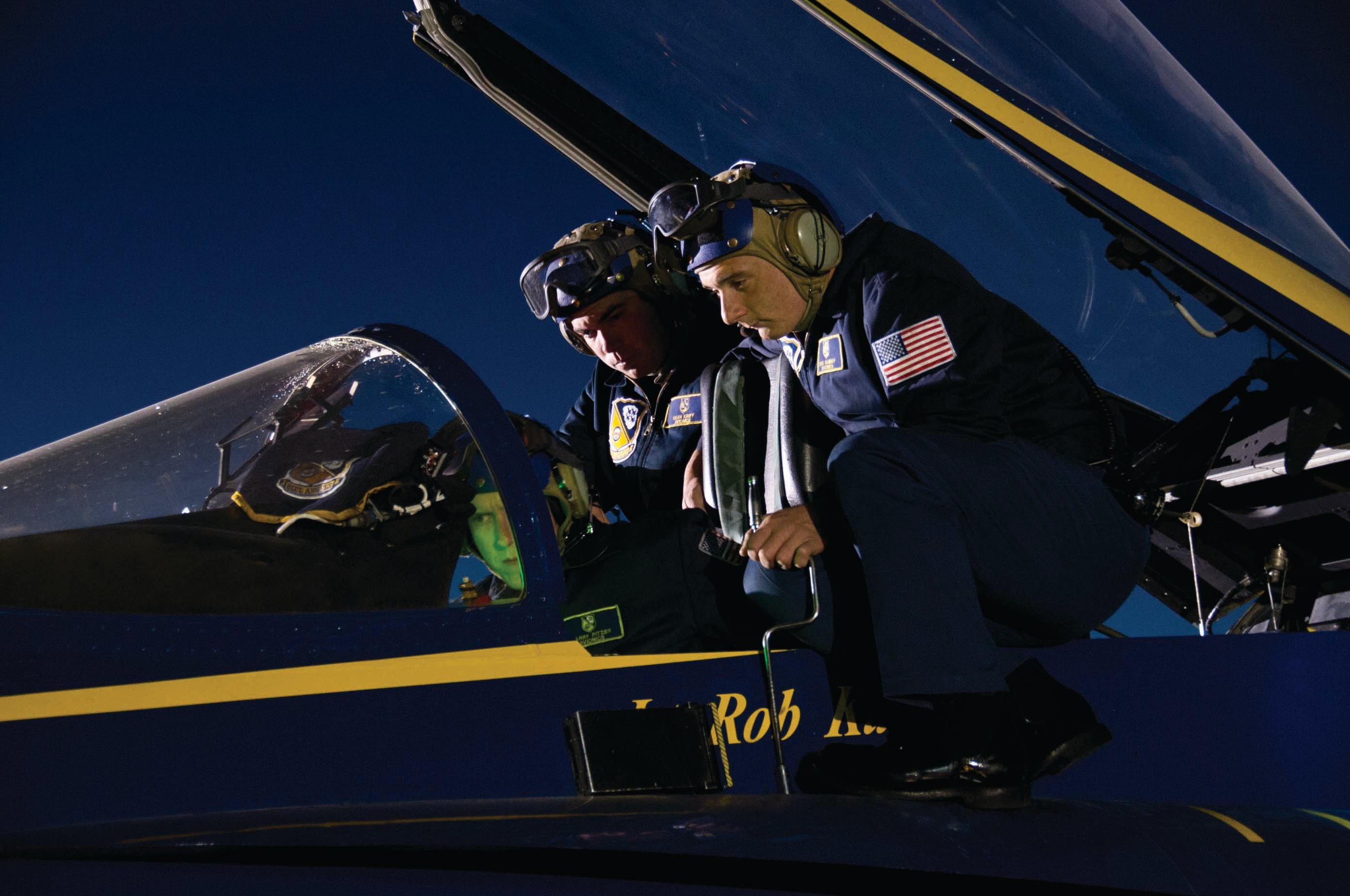 Defense.gov News Photo 110120-N-0092J-018 - Sailors assigned to the avionics work center of the U.S. Navy Flight Demonstration Squadron the Blue Angels troubleshoot a heads up display