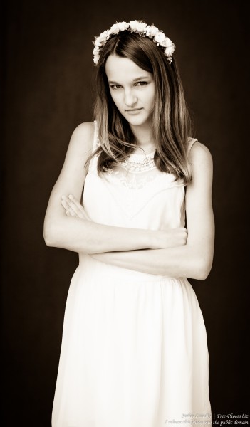 a 13-year-old Catholic girl in a white dress photographed in June 2015, picture 14