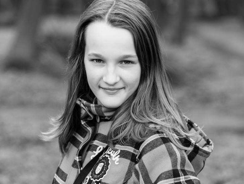 an amazingly beautiful Catholic 12-year-old girl photographed in April 2014, picture 34, black and white