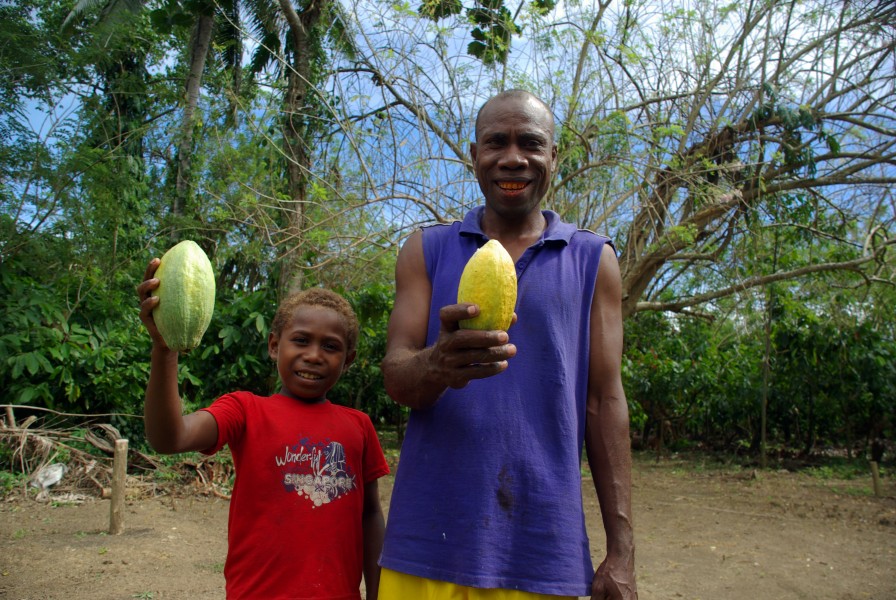 Cocoa farmer David Kebu Jnr and his son Snider Kebu display cocoa pods from Kebu farm. (10687079704)