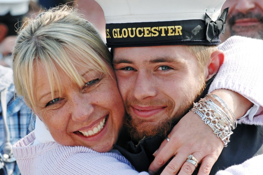 HMS Gloucester Sailor is Hugged by his Mum on Returning from a 7 Month Deployment MOD 45152536