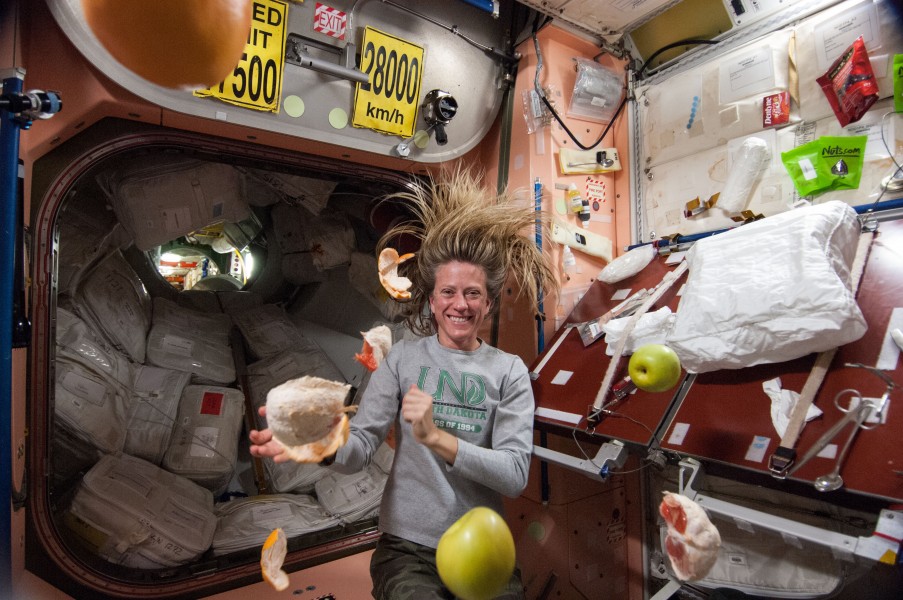 ISS-36 Karen Nyberg with fresh fruit in the Unity node