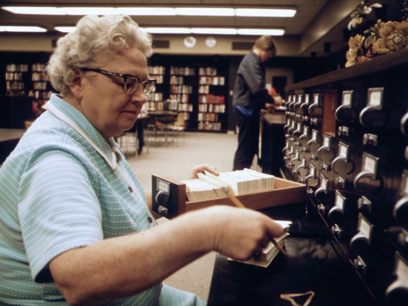 Librarian at the card files at a senior high school in New Ulm, Minnesota (1)
