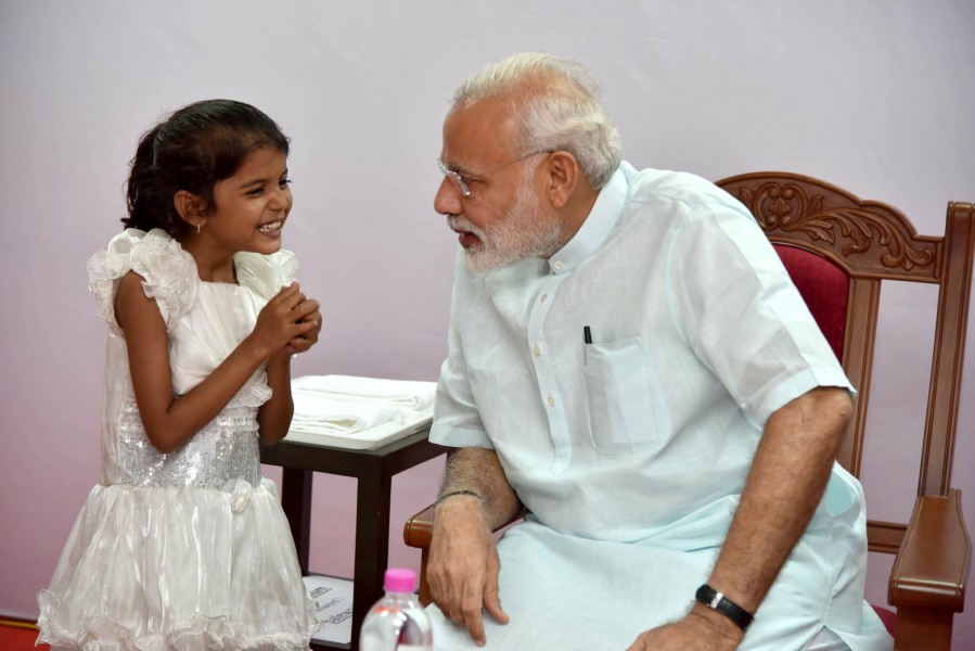 Prime Minister Narendra Modi meets Vaishali Yadav, who sought help for her heart surgery from PMO