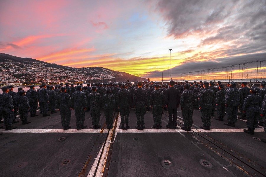 Sailors conduct morning colors aboard USS Monterey. (11565835784)