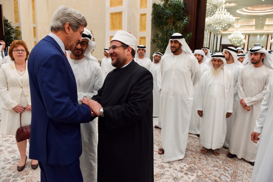 Secretary Kerry Shakes Hands With Egyptian Minister of Awqaf Gomaa Before Attending an Iftar Dinner in Abu Dhabi (27448502322)