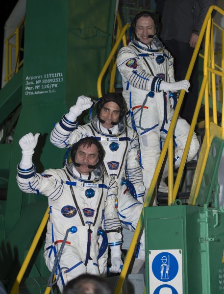 Soyuz TMA-08M crew members wave farewell
