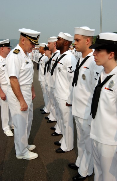 US Navy 030523-N-2420K-003 Sailors assigned to Fleet Activities Sasebo, Japan stand at attention