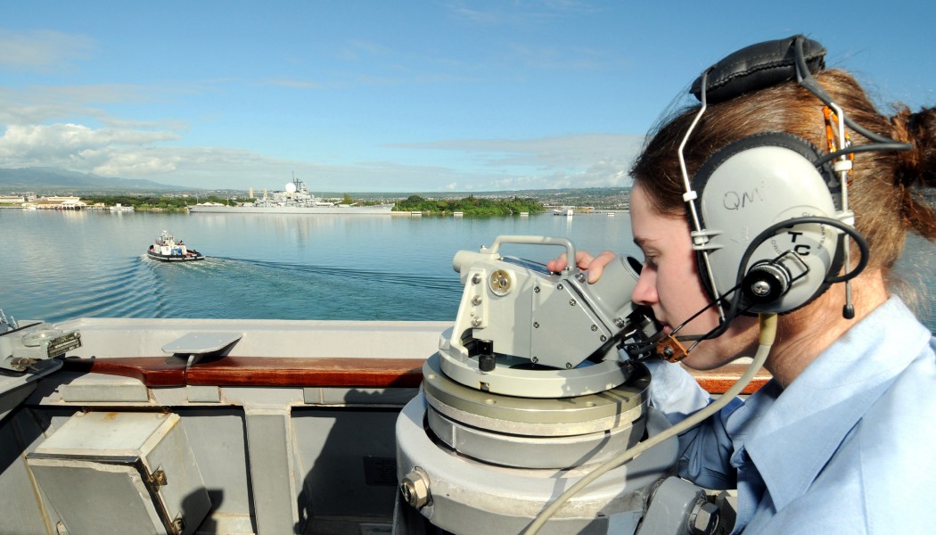 US Navy 090112-N-0879R-004 Operations Specialist 3rd Class Cassandra Roper stands starboard bridge watch