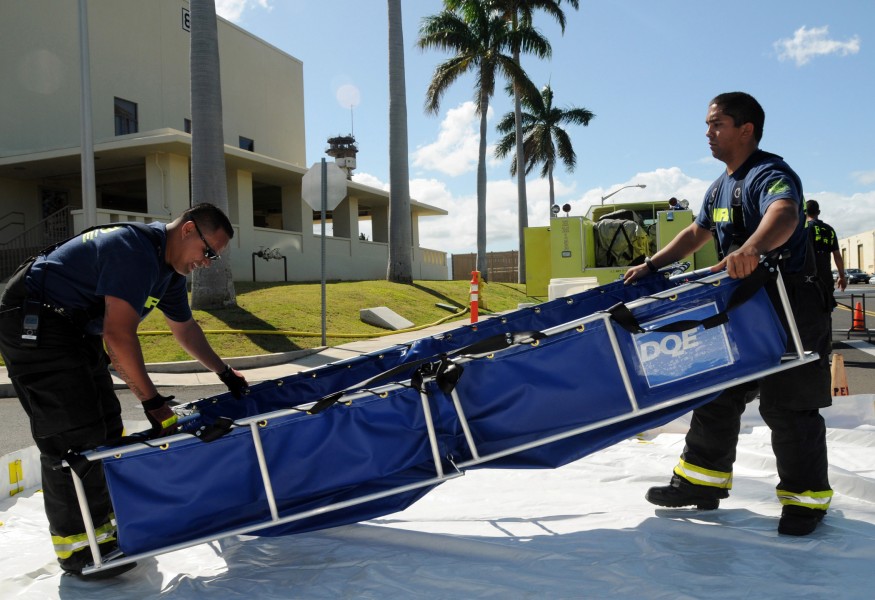 US Navy 090325-N-3666S-042 Personnel assigned to the Navy Region Hawaii Federal Fire Department set up a decontamination station during a chemical, biological, radiological, nuclear and explosive exercise