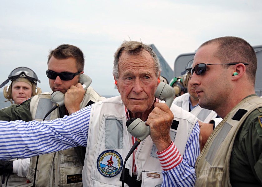 US Navy 100714-N-3885H-208 Former President George H.W. Bush watches flight operations from the landing signal officer's platform 