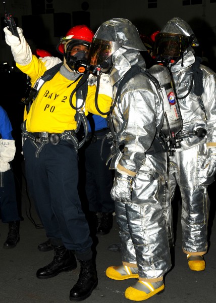 US Navy 100910-N-7908T-023 Sailors assigned to the air department crash and salvage division of the aircraft carrier USS George H.W. Bush (CVN 77)