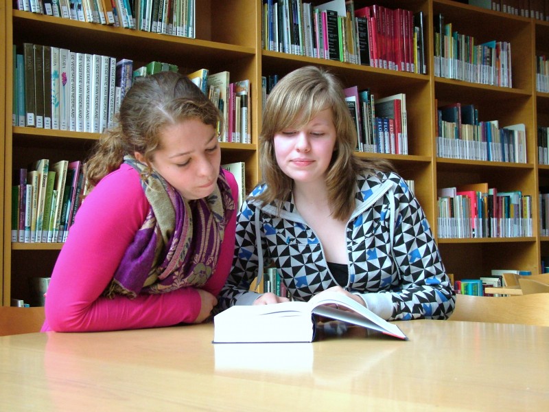 Girls reading a book in a library