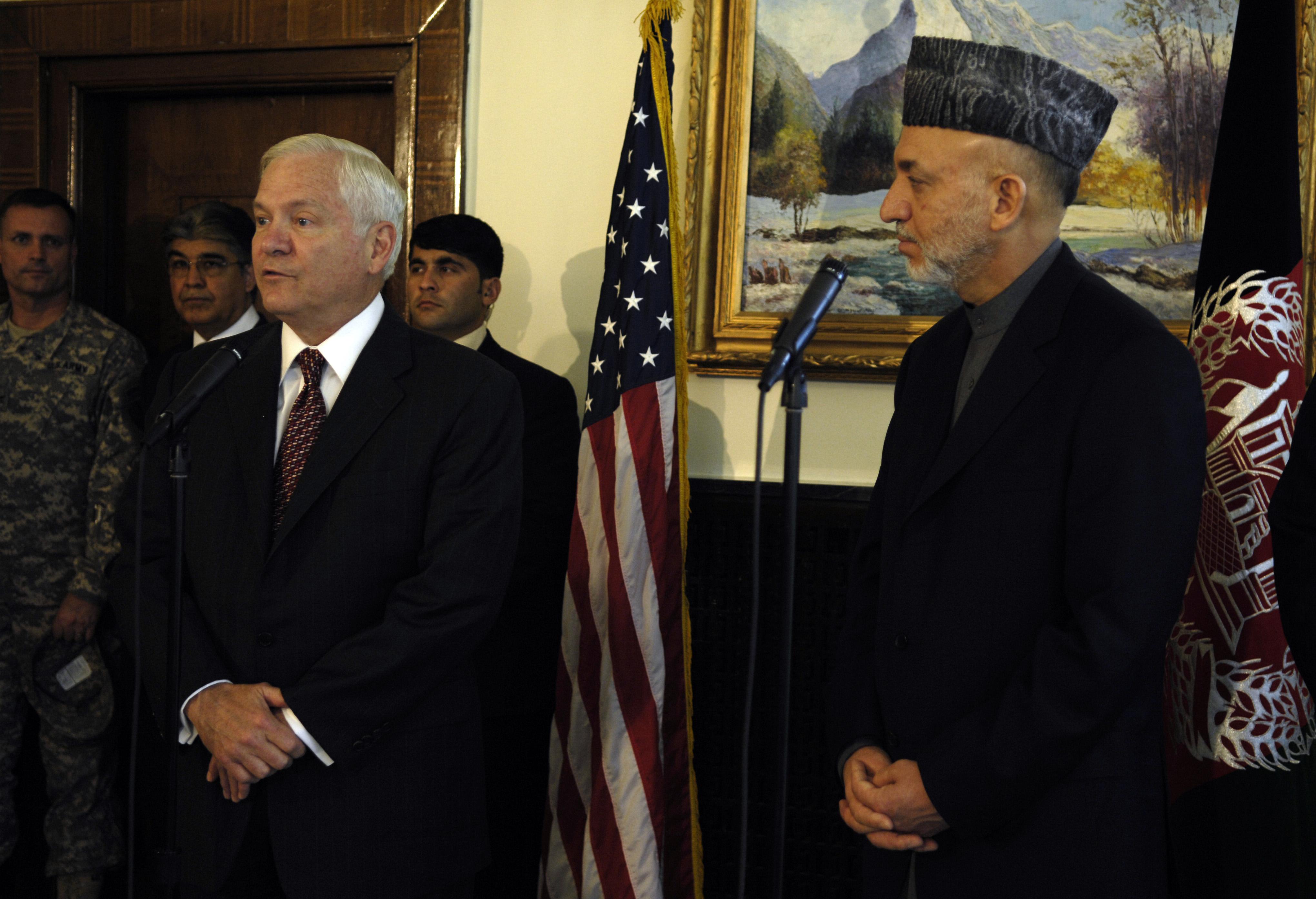 Robert Gates and Hamid Karzai in June 2007