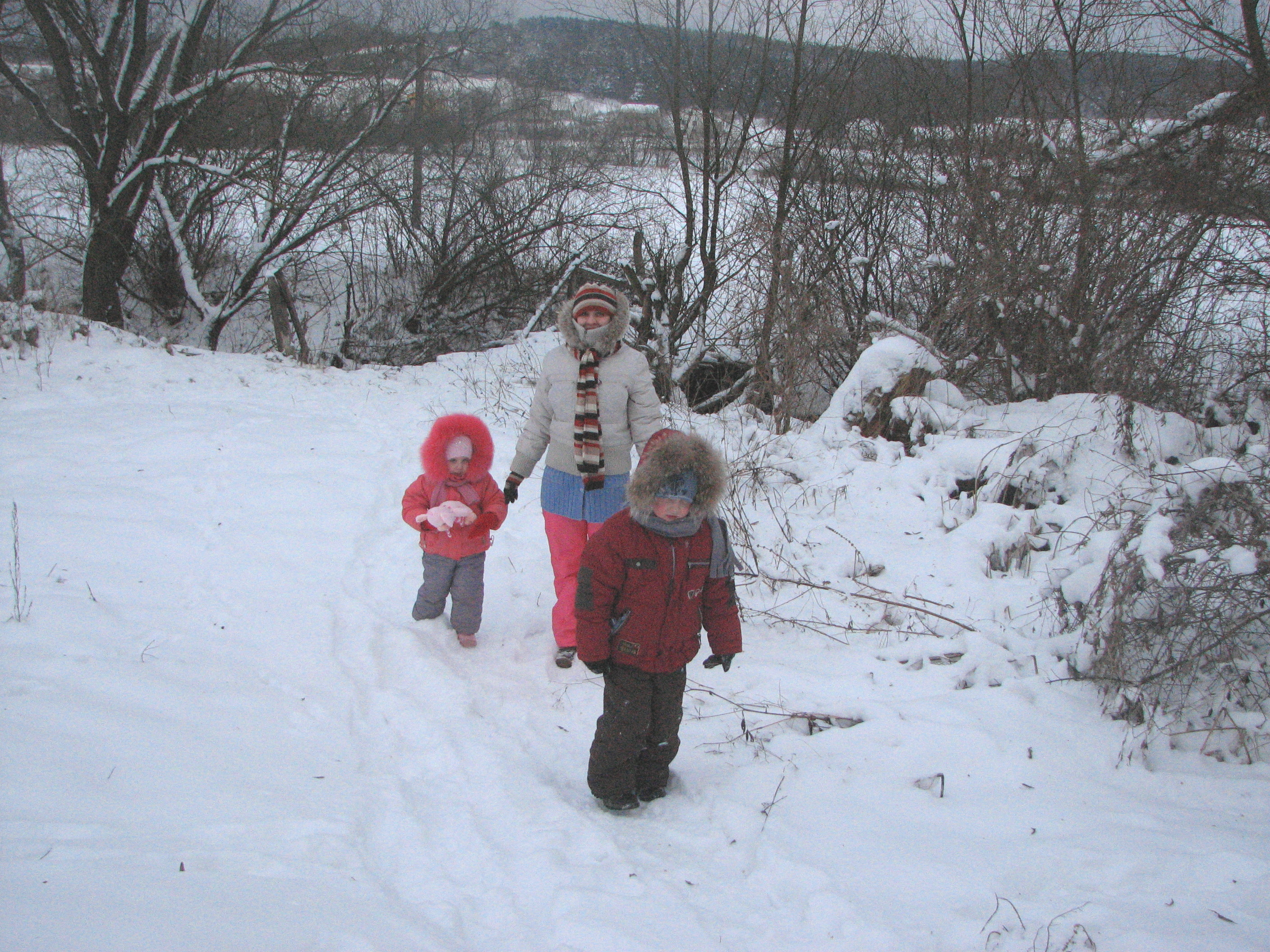 Mother with kids walking on the snow