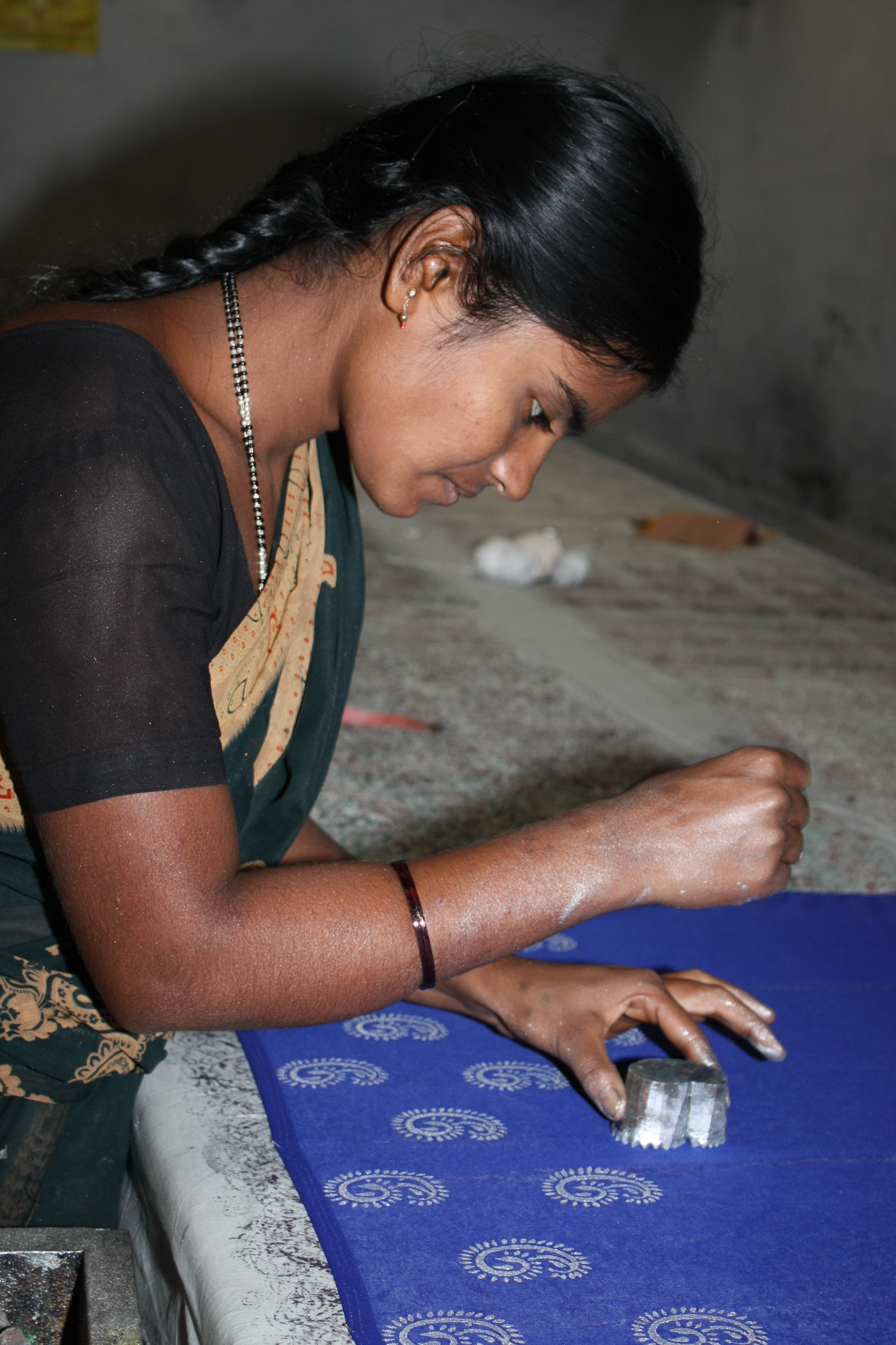 Woman doing Block Printing at Halasur village