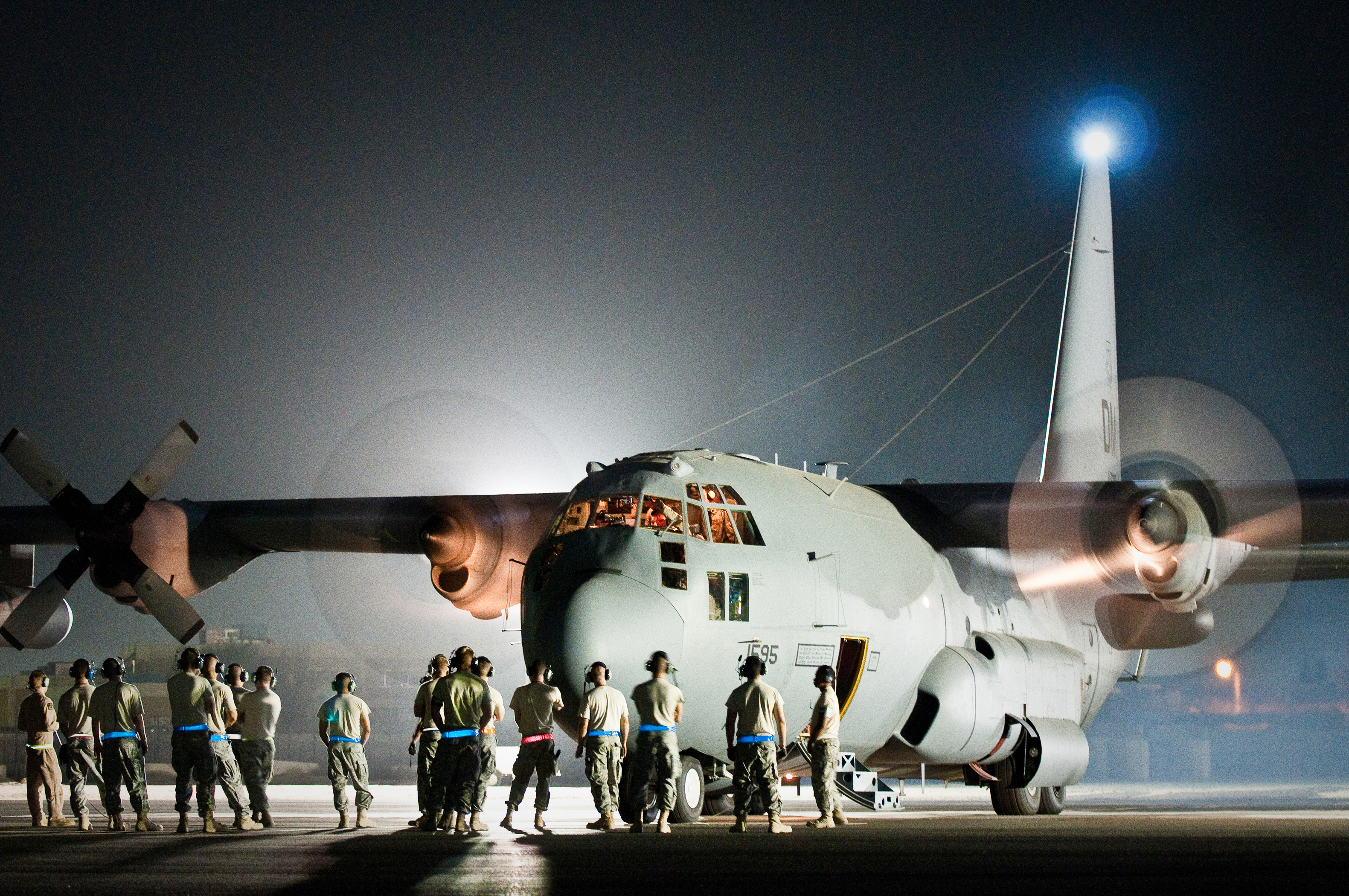 A U.S. Air Force EC-130H Compass Call aircraft assigned to the 43rd Expeditionary Electronic Combat Squadron prepares to take off from an undisclosed base in Southwest Asia Aug. 29, 2010 100829-F-VT419-442