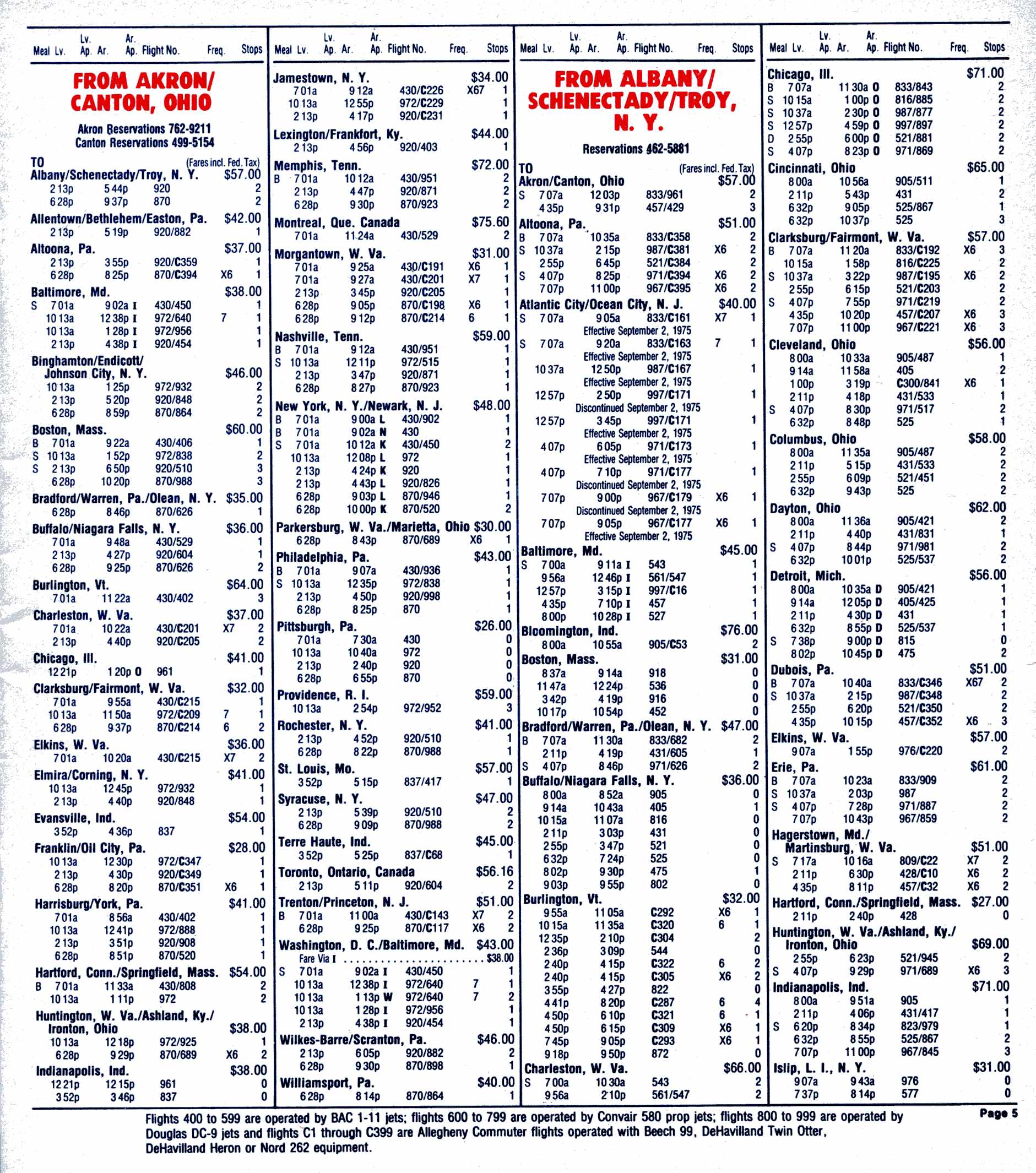 Allegheny Airlines timetable 1975-08-01 02