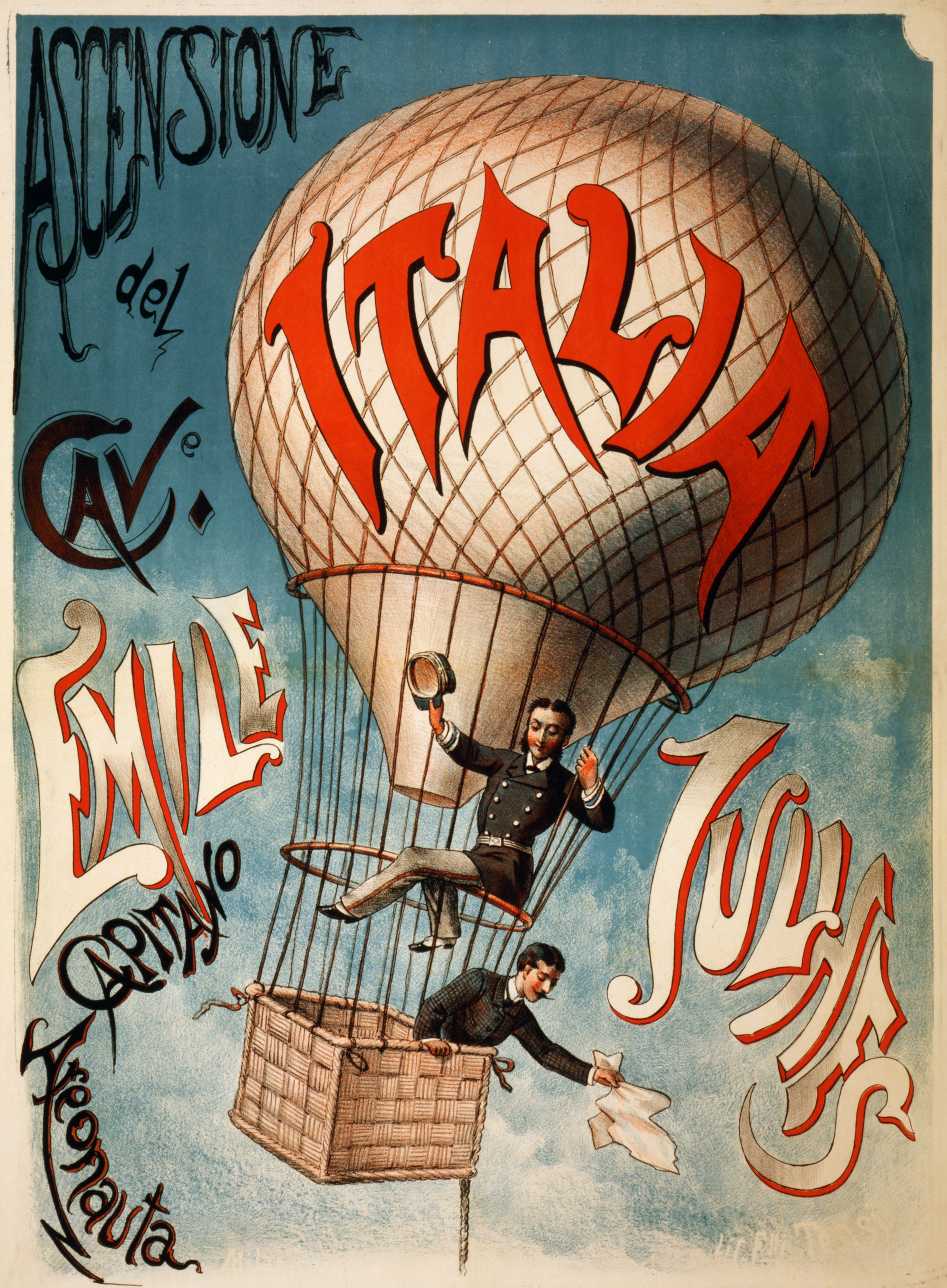 Ascensione del cavaliere Emile Julhes, early flight poster, ca. 1890