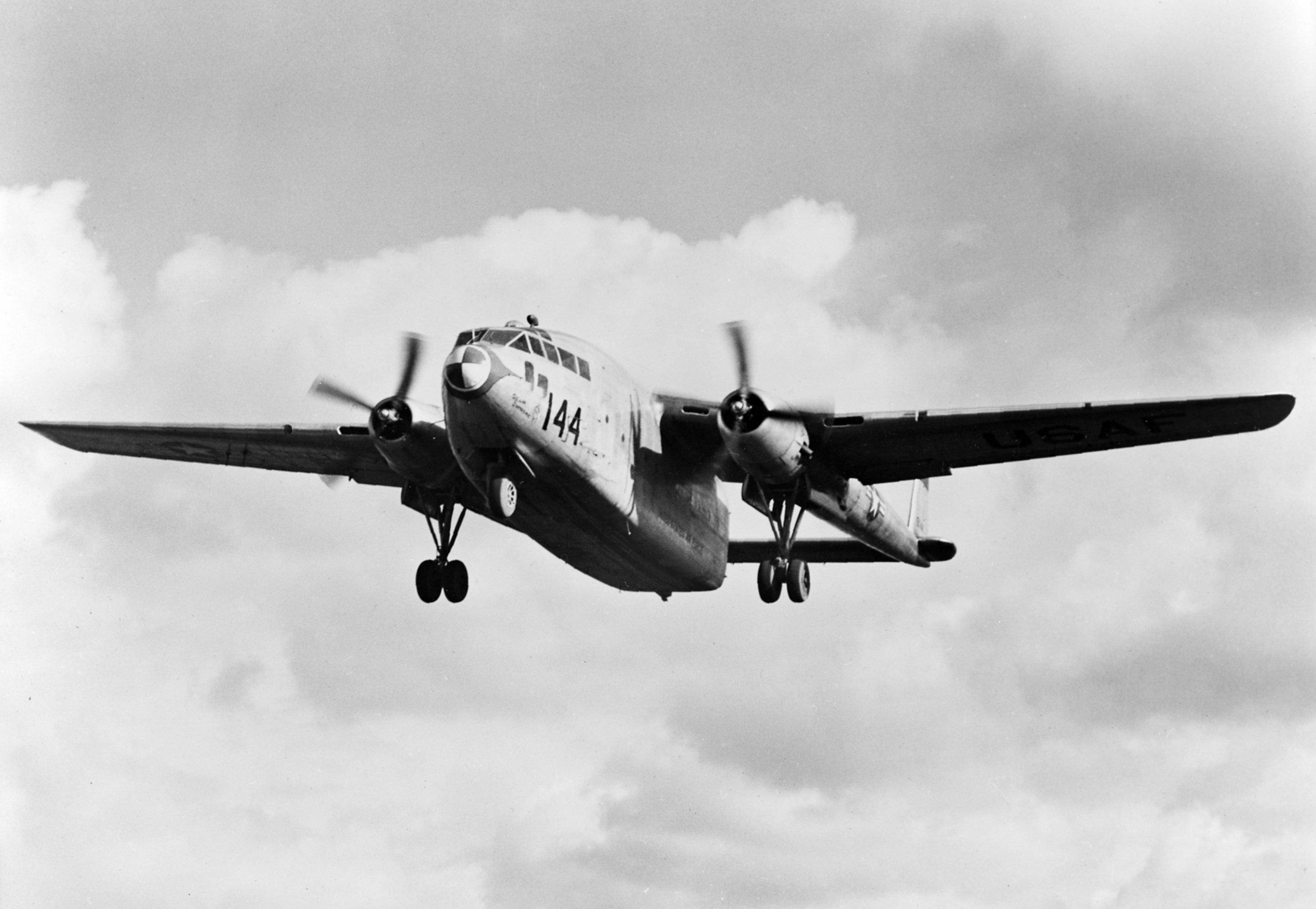 C-119C 403 TCG approaching airfield in Korea 1951