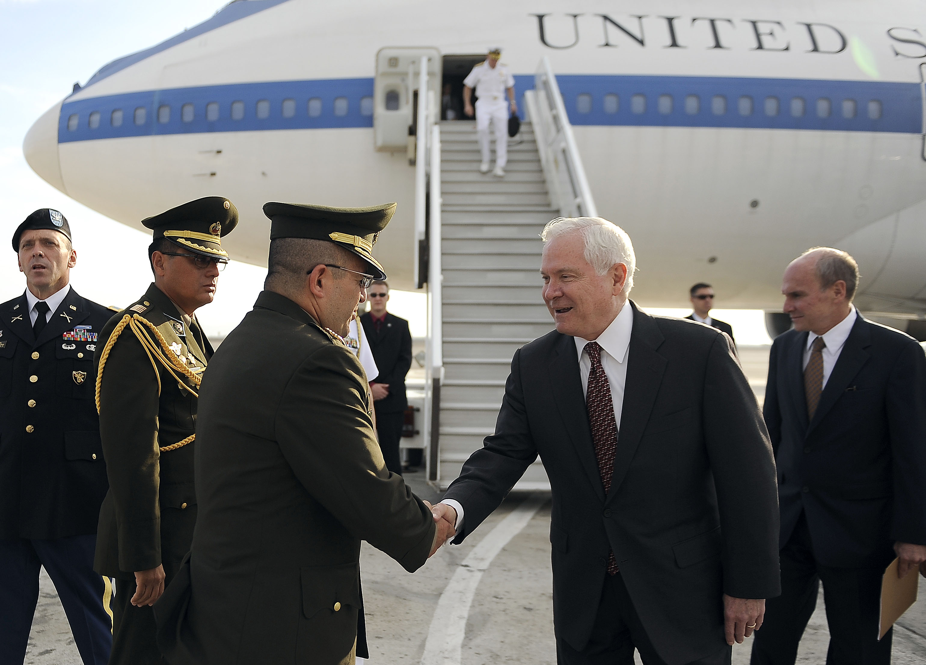Defense.gov News Photo 100413-F-6655M-006 - Secretary of Defense Robert M. Gates is welcomed by Peruvian officials after arriving in Lima Peru as part of a four day trip to South America on