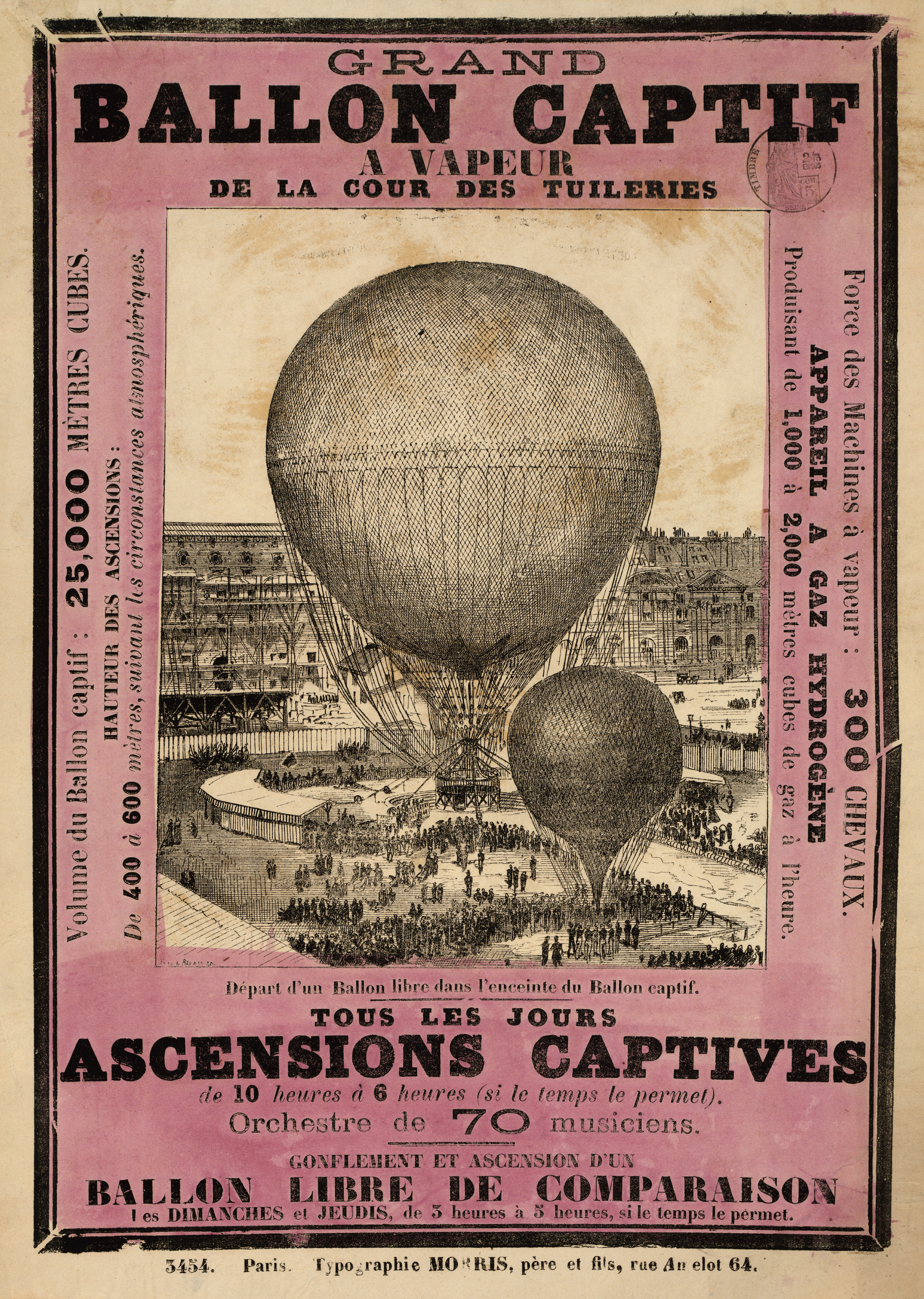 Grand ballon captif a vapeur de la cour des Tuileries, broadsheet, Paris, 1878