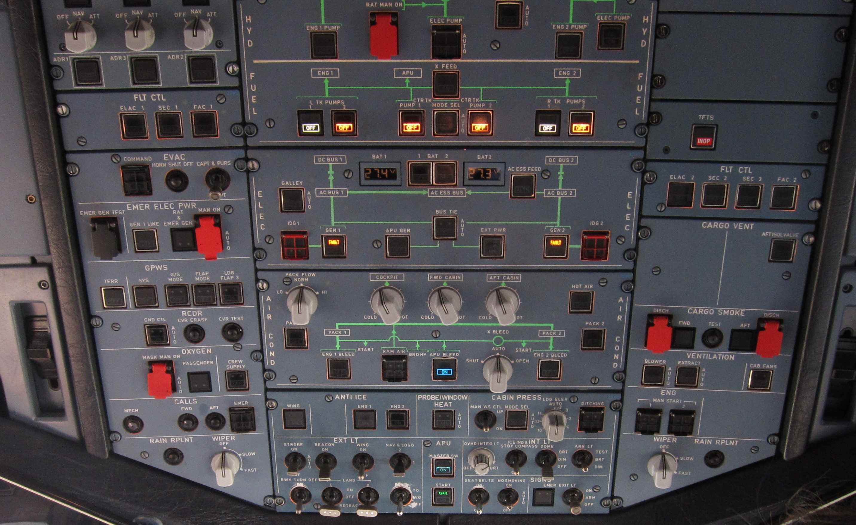 Overhead panel of A320 aircraft at parking stand