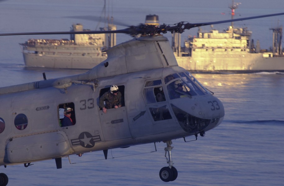 011226-N-6520M-014 CH-46 helicoper approaches USS Peleliu