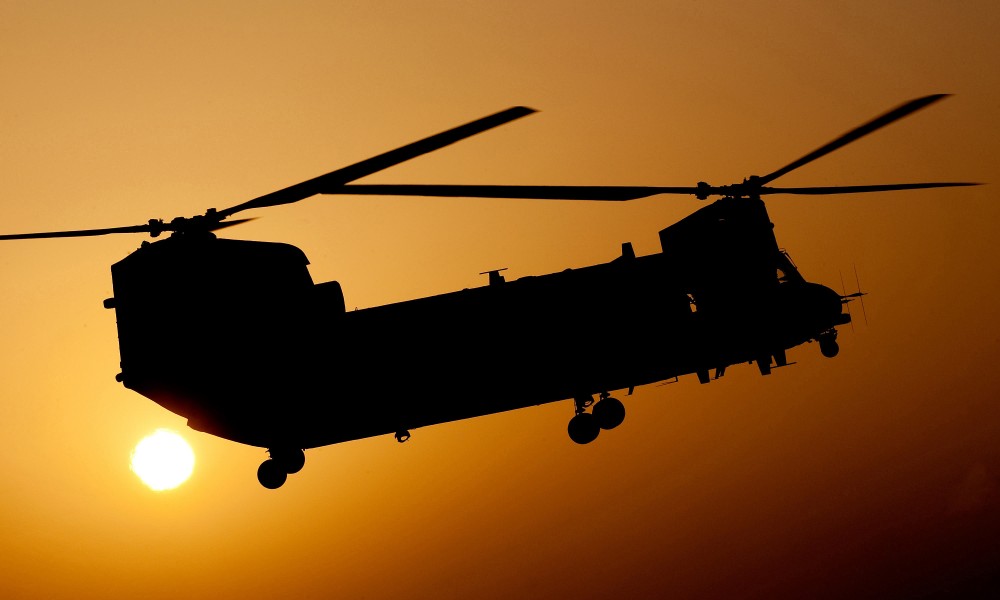 A RAF Chinook Helicopter Takes Off on a Dawn Mission Over Helmand, Afghanistan MOD 45153340
