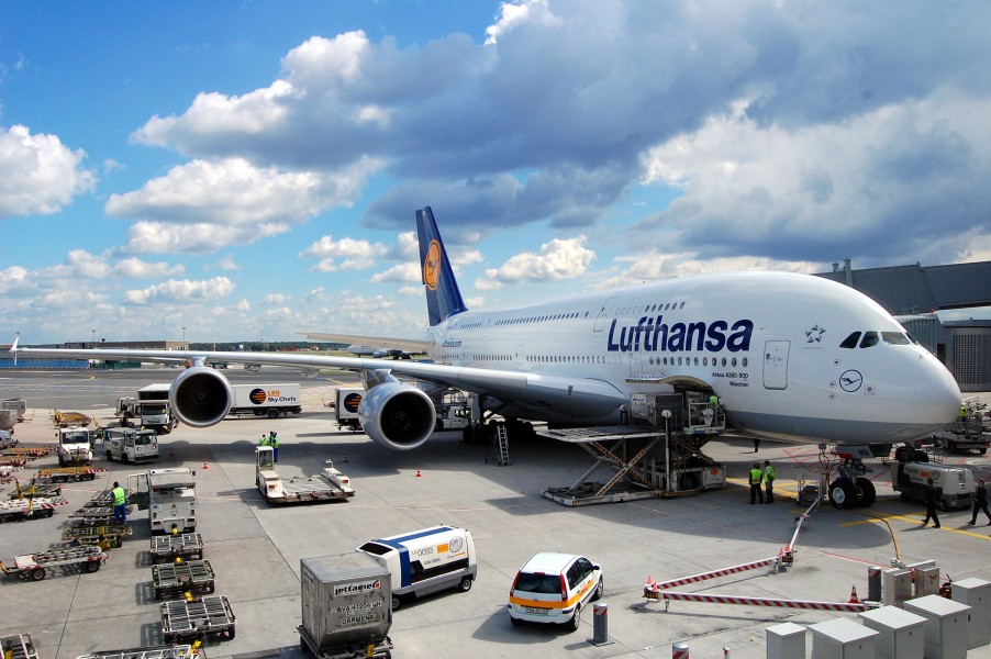 Airbus A380-800 of Lufthansa in Frankfurt Germany - Aircraft ground handling at FRA EDDF