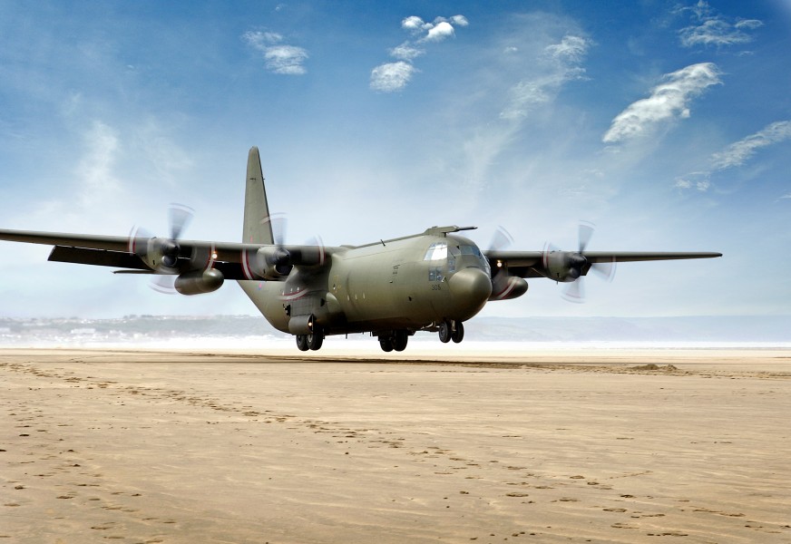 C-130 Mk3 Hercules Transport Aircraft landing at Saunton Sands air strip. MOD 45151000