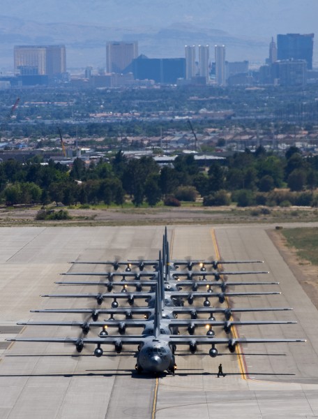 Defense.gov News Photo 100519-F-5985C-205 - A line of C-130 Hercules aircraft taxis during the U.S. Air Force Weapons School Mobility Air Forces Exercise at Nellis Air Force Base Nev. on