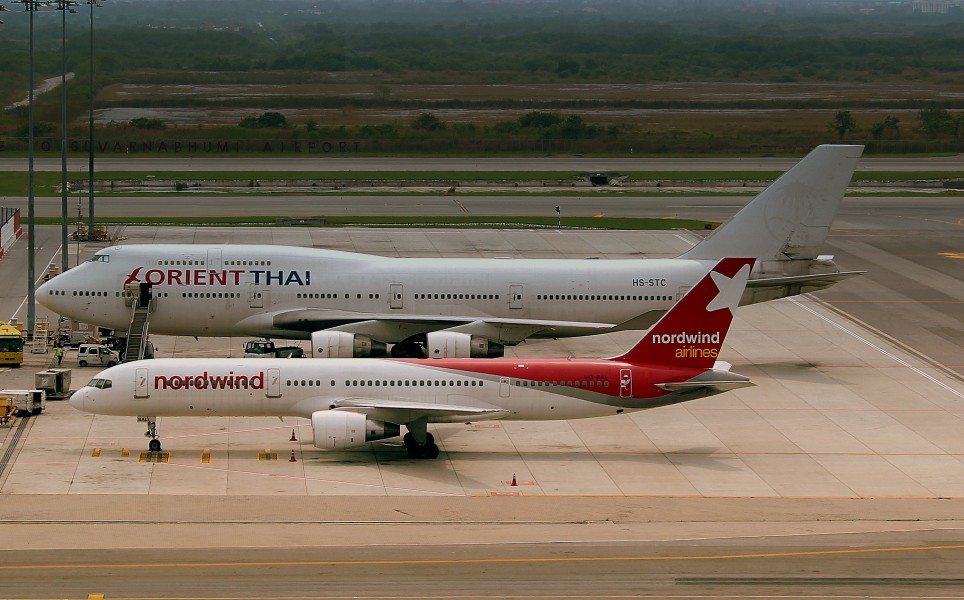 ORIENT THAI BOEING 747-400 AND NORDWIND BOEING 757-200 AT BANGKOK SURVARNHUMBI AIRPORT THAILAND FEB 2013 (8500277812)