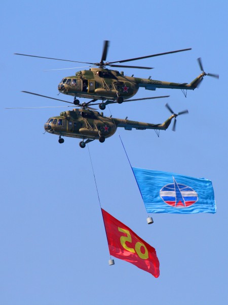 Pair of Mi-8 helicopters with flags 9-May-2010