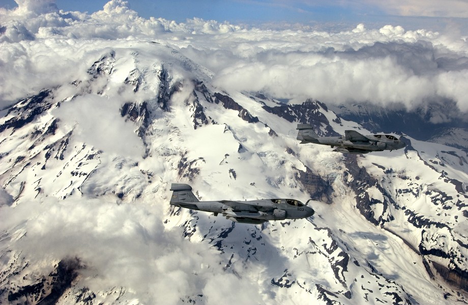 US Navy 040518-N-6436W-005 Two EA-6B Prowlers assigned to the Cougars of Electronic Attack Squadron One Three Nine (VAQ-139) fly in formation near Washington states Mount Rainier